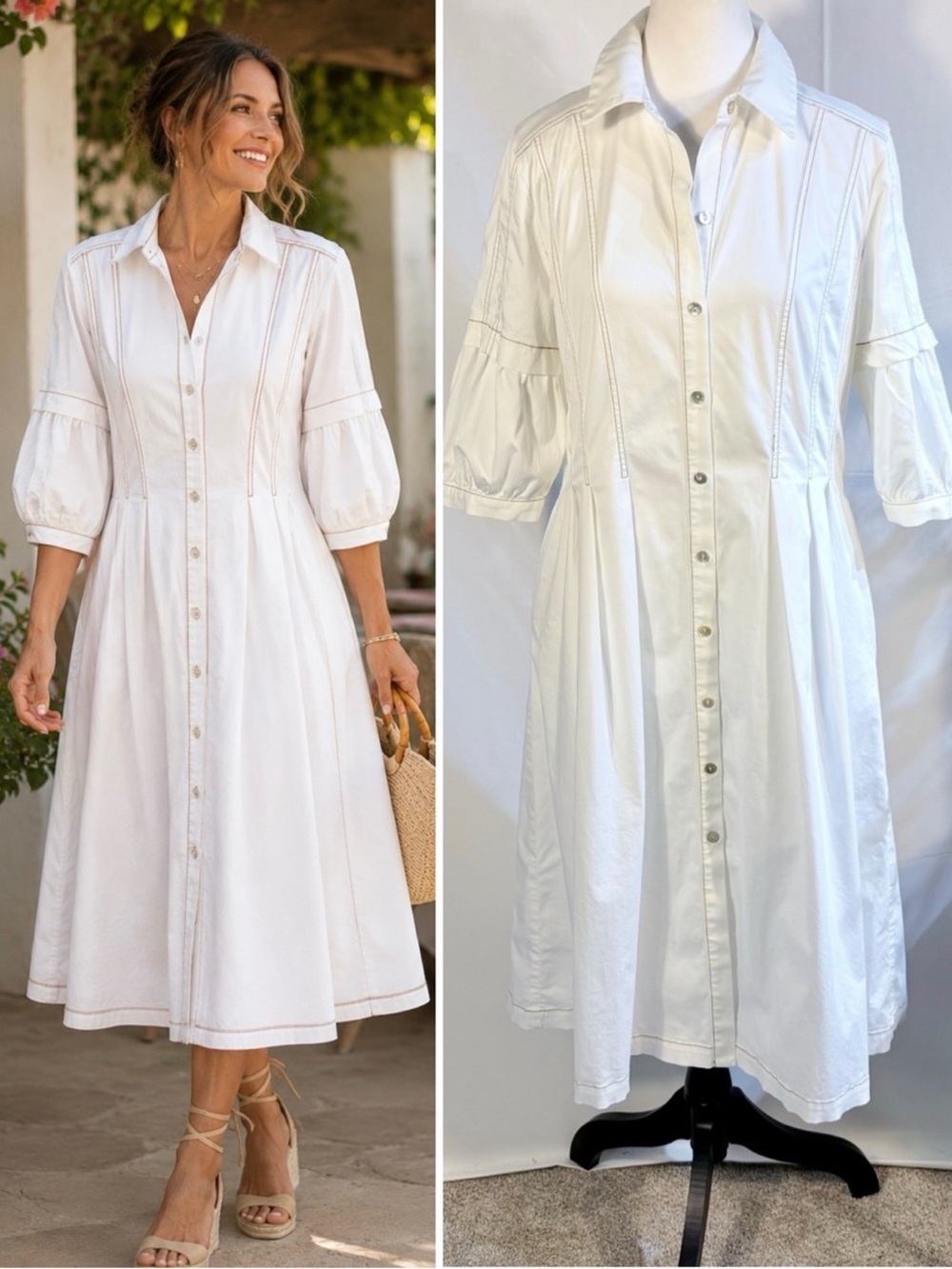 💥Soft Surroundings White Contrast Stitch
Button Front Puff Sleeve Dress Sz 4🧡